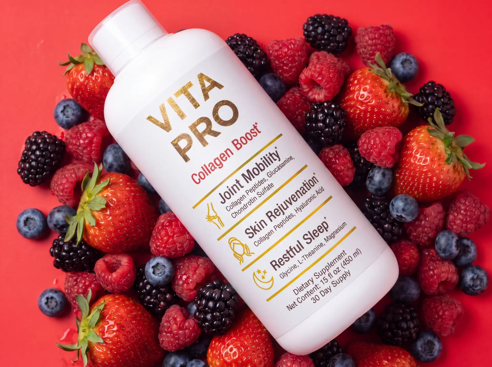 VitaPro Collagen Boost bottle on fresh berries