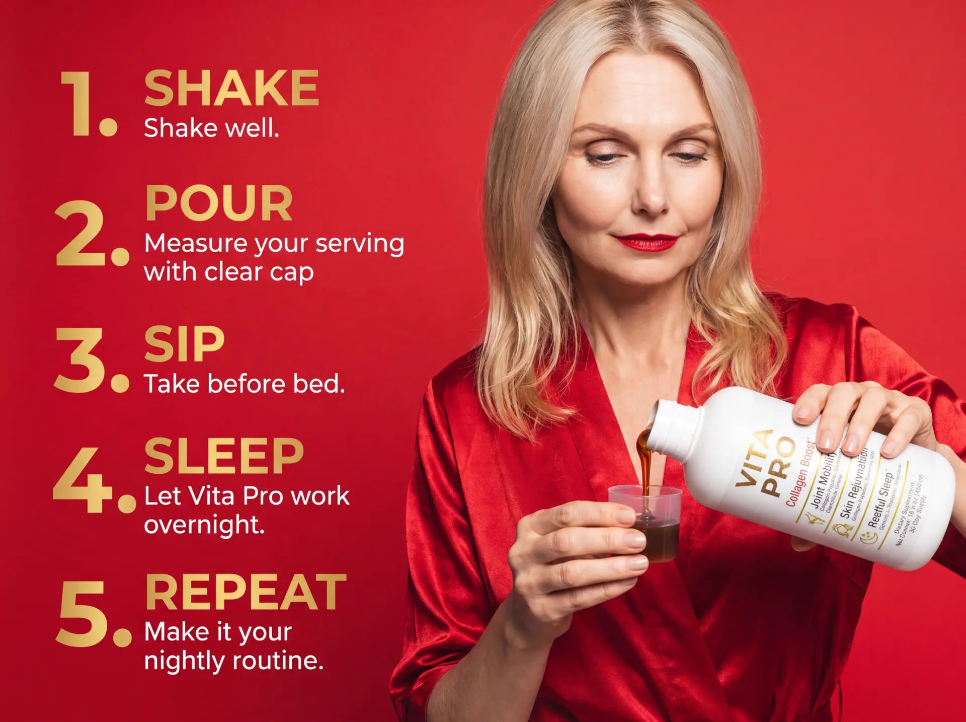 How to take VitaPro Collagen Boost: shake, pour, sip, sleep, repeat